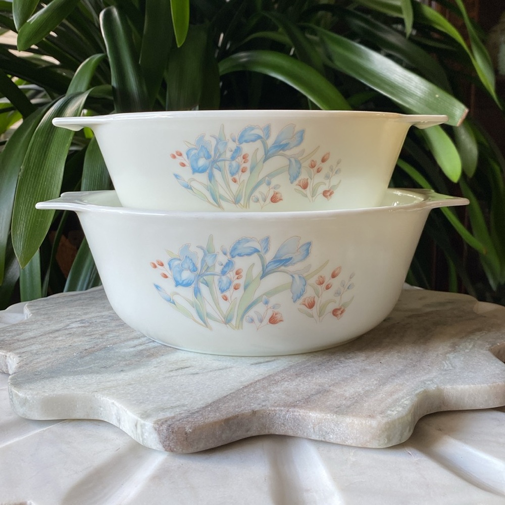 Set of 2 English PYREX Blue Iris Casserole Dishes - Floral Milk Glass - England